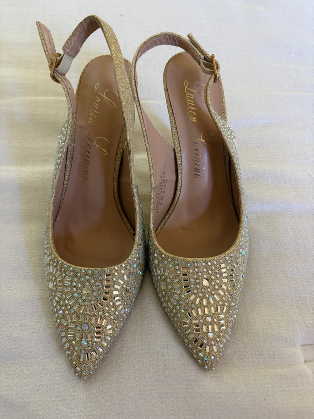 Lauren Lorraine Gold Beaded Pointed Slingback Heels